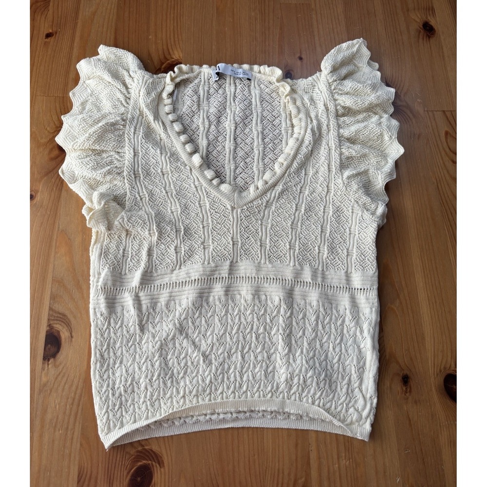 Women's ZARA Cream Pointelle Knit Ruffle Sleeve‎ Top Size S